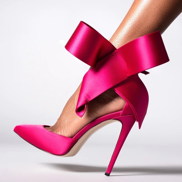 Aminah Abdul Jillil Bow Satin Pink Fuchsia Pointed Toe Heels 6 - Picture 4 of 10
